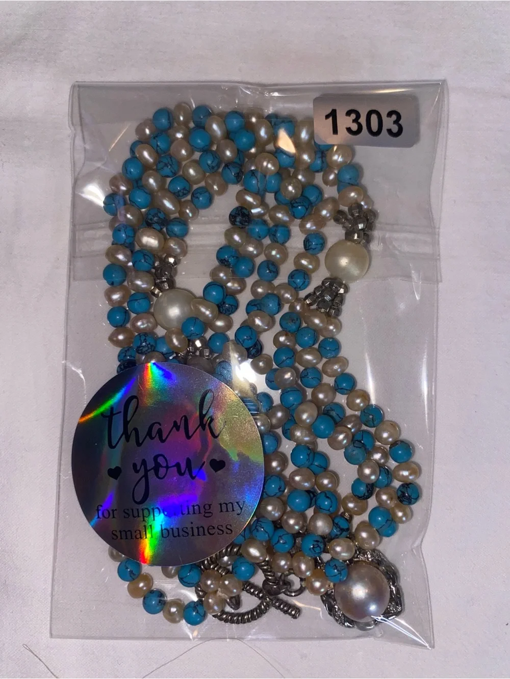 Turquoise Beaded Pearl-Accent Necklace with Silver-Tone Details - Picture 7 of 7